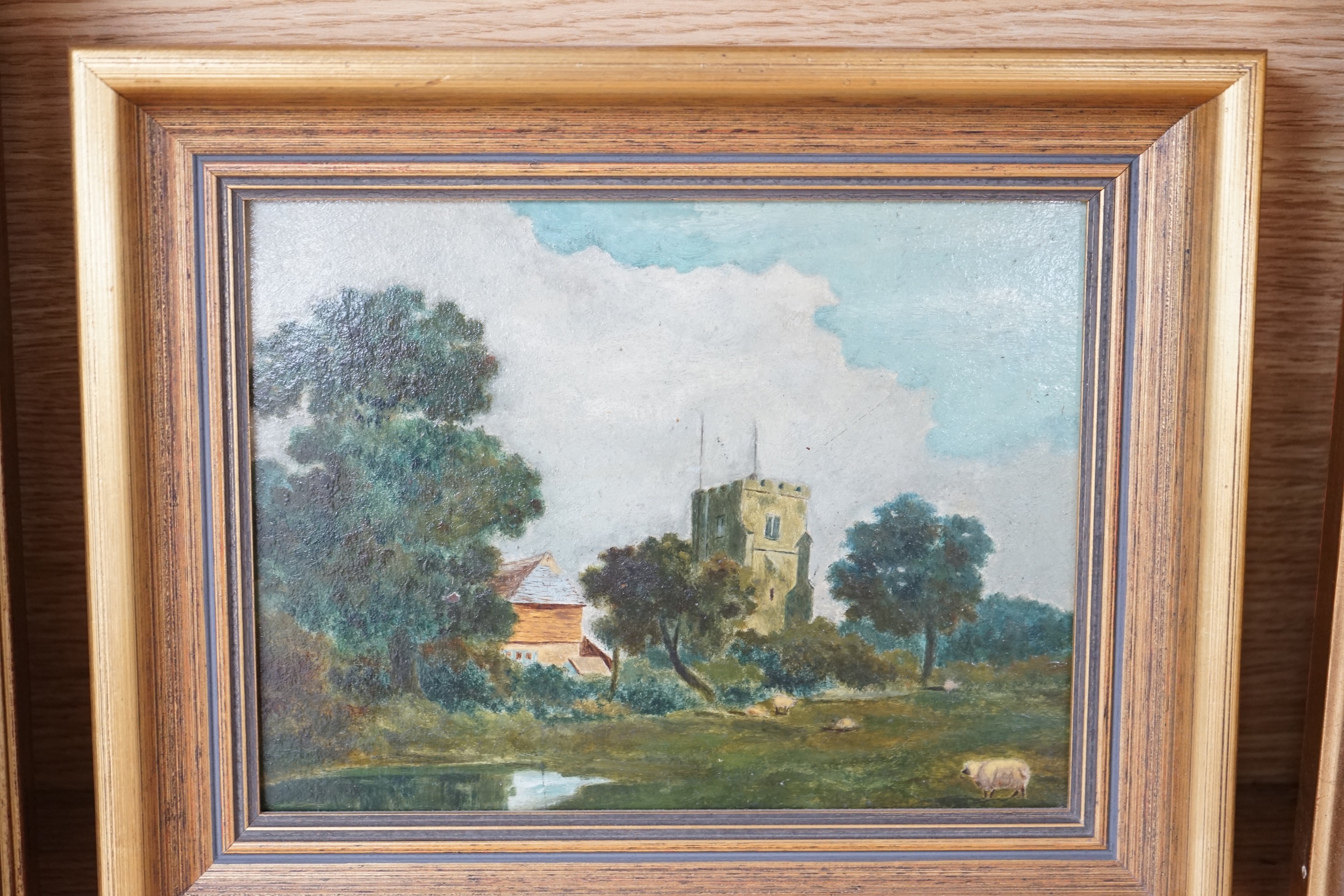 Naive school, oil on board, Landscape with sheep before a church, unsigned, 16 x 22cm, gilt framed. Condition - fair to good